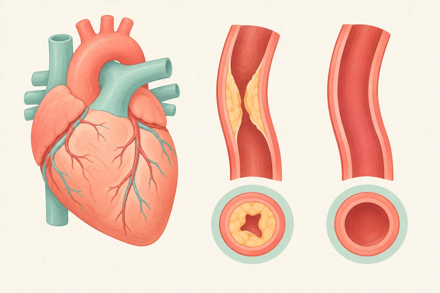 Illustration comparing a narrowed heart artery with a healthy open artery