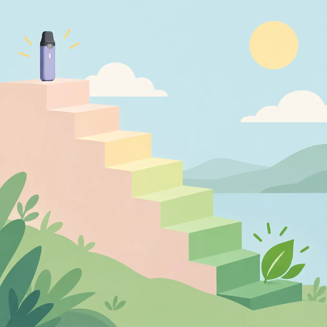 Illustration of a staircase with a vape pod on the top step leading down to a calm green finish