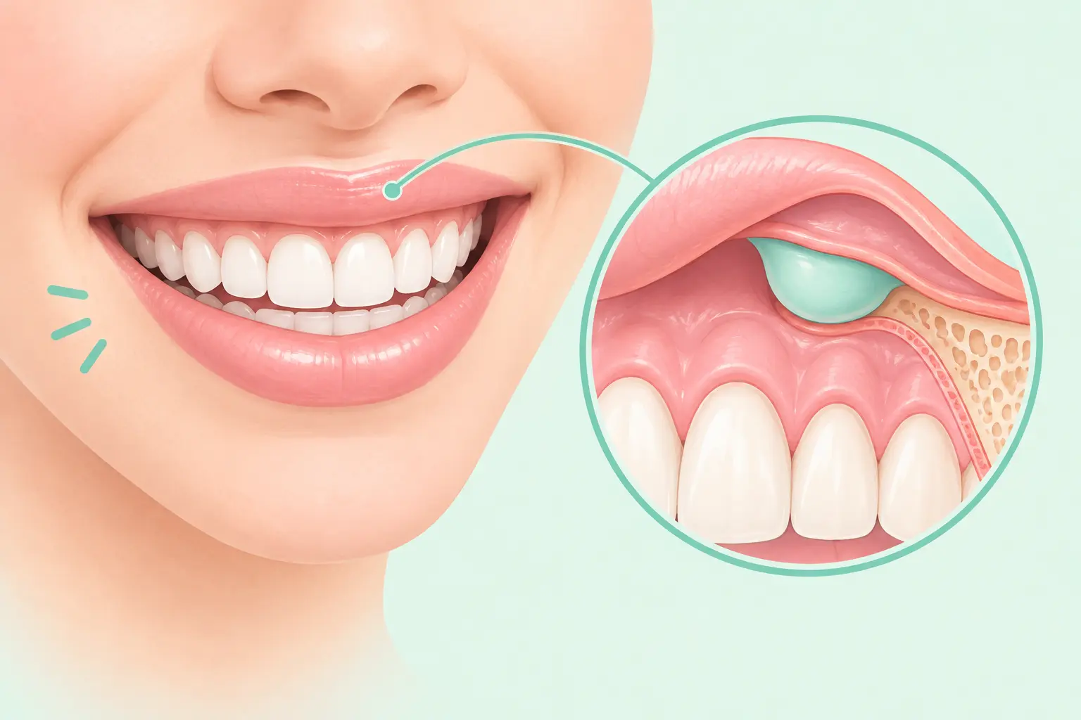 Illustration of a nicotine pouch resting under the upper lip against the gum line
