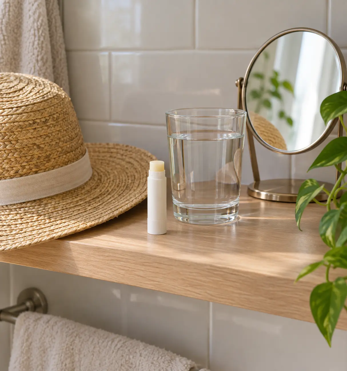 Illustration of a bathroom shelf with a plain lip balm, water glass, mirror and sun hat representing basic lip care