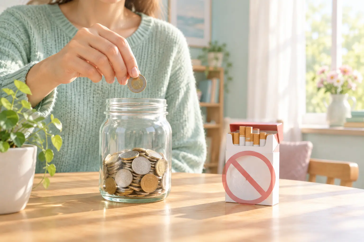 Illustration of a person putting coins into a jar next to a crossed-out cigarette pack