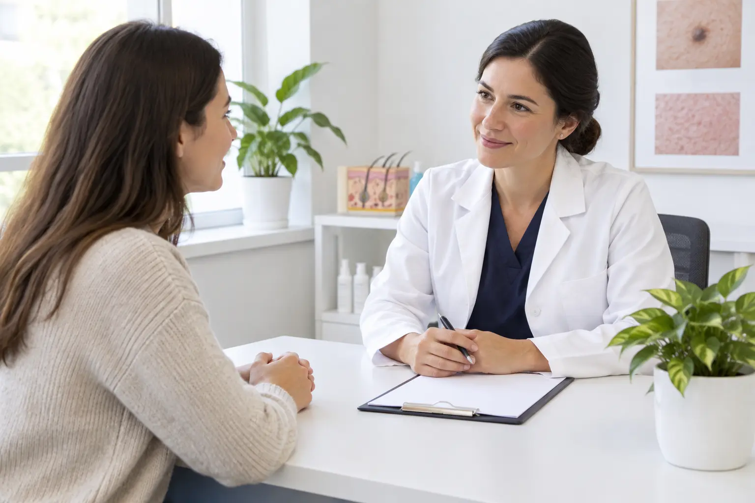 Illustration of a patient and a dermatologist talking calmly in a bright consulting room