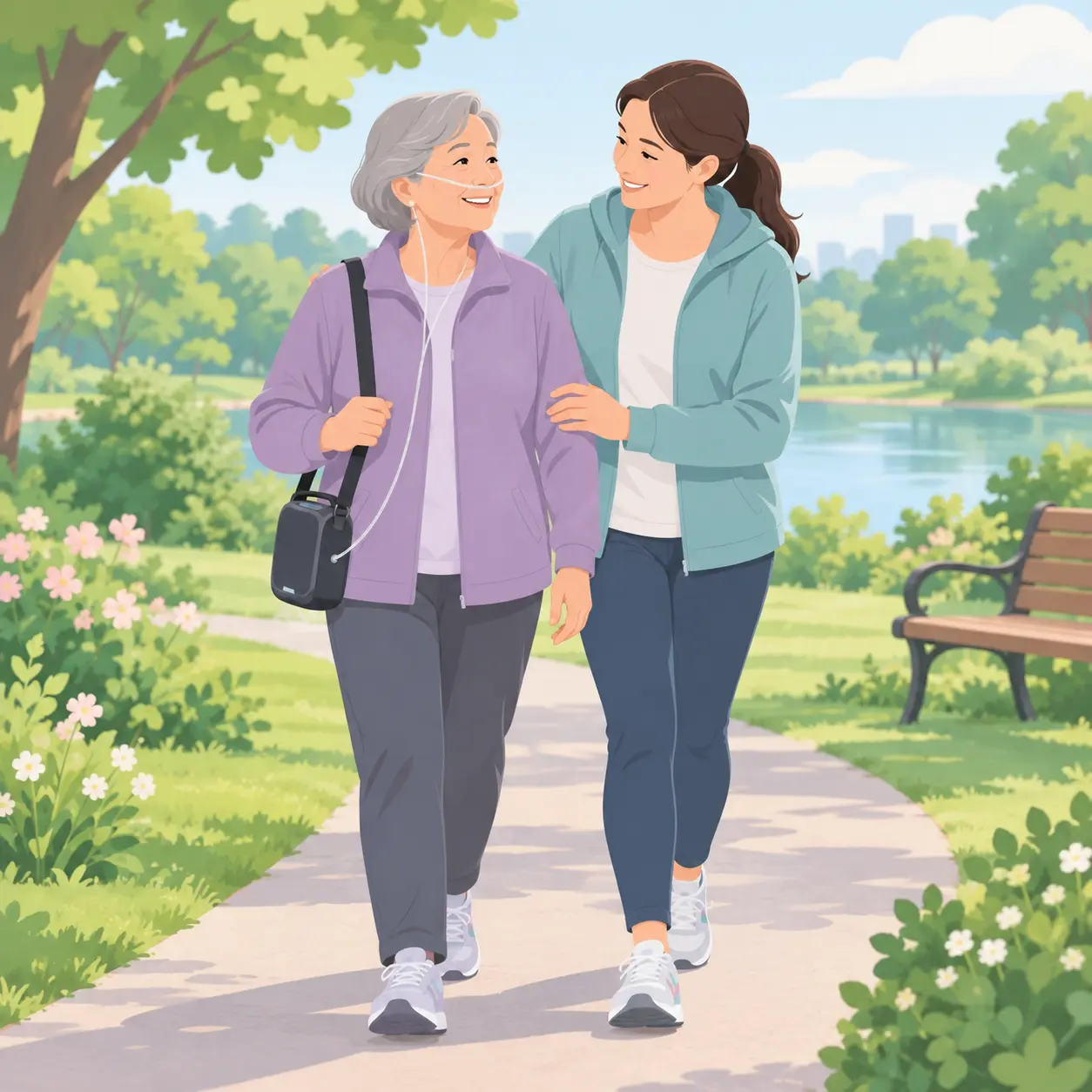 Illustration of an older adult walking in a park with a family member, living well with emphysema