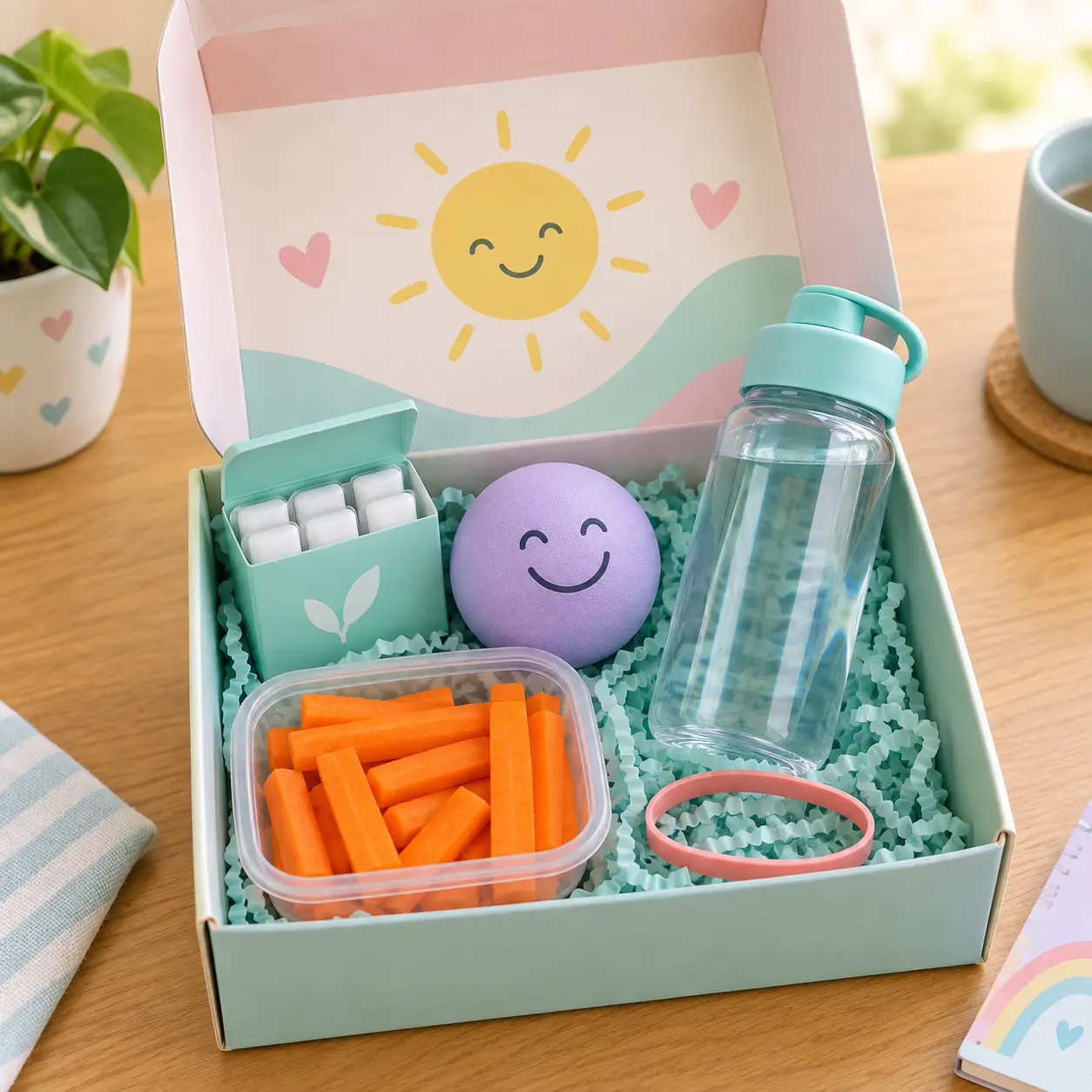 Illustration of an open gift box holding gum, a stress ball, a water bottle and carrot sticks as a quit kit